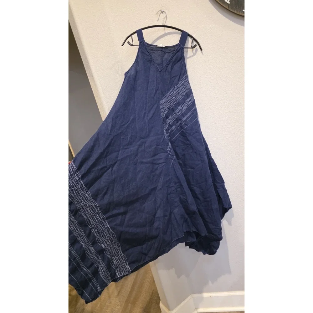 Eileen Fisher Irish Linen Asymmetrical Midi Dress Navy Blue Stitch Sleeveless  L - Picture 4 of 10